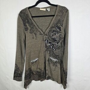 Miss Me Womens Sequin Rose Graphic Cardigan Taupe Brown Cotton Wool Blend Med